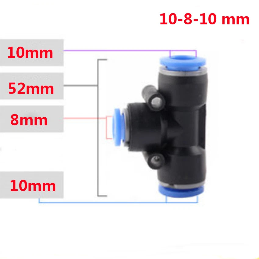 Reducer Tee Push-In Fittings for Pneumatic Air Tube — 4 to 16mm