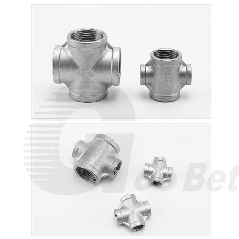 Stainless Steel Cross 4-Way Pipe Fitting | BSP Female Thread | 1/4" to 2"