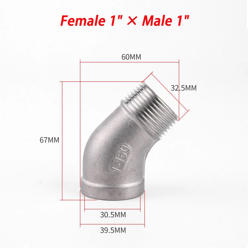 Stainless Steel 304 BSP 45° Elbow Pipe Fitting — Threaded Male × Female & Female × Female