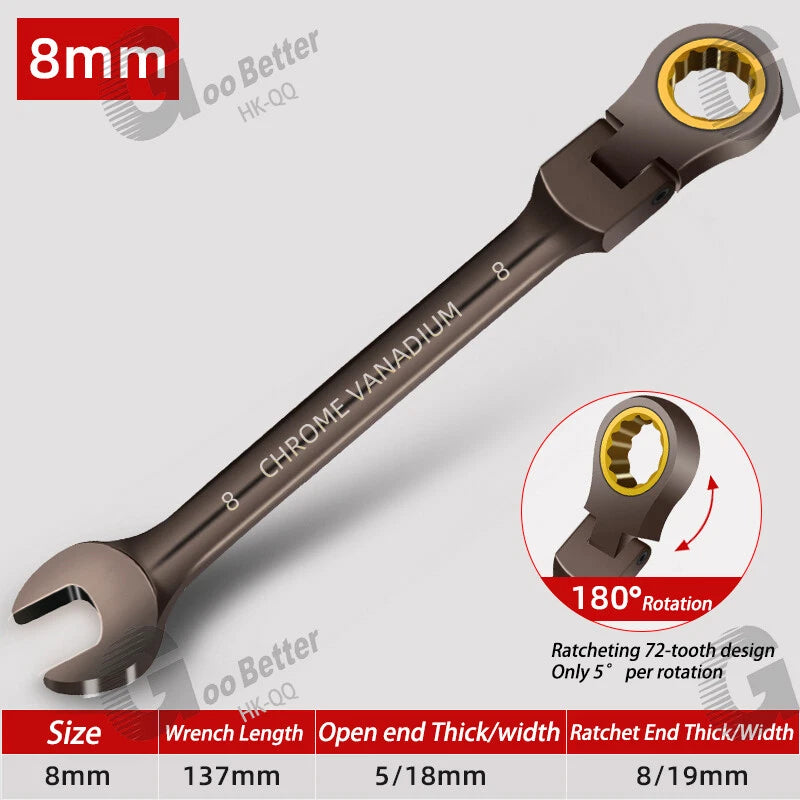 Ratchet Spanner Combination Fixed & Flexi 6 - 19mm 14 x Sizes Tool Wrench