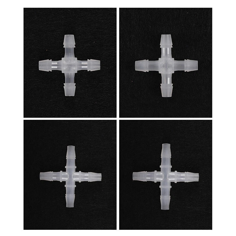 4-Way Plastic Hose Connector — Cross & Slant Equal Joint, OD 2.4mm–12.7mm