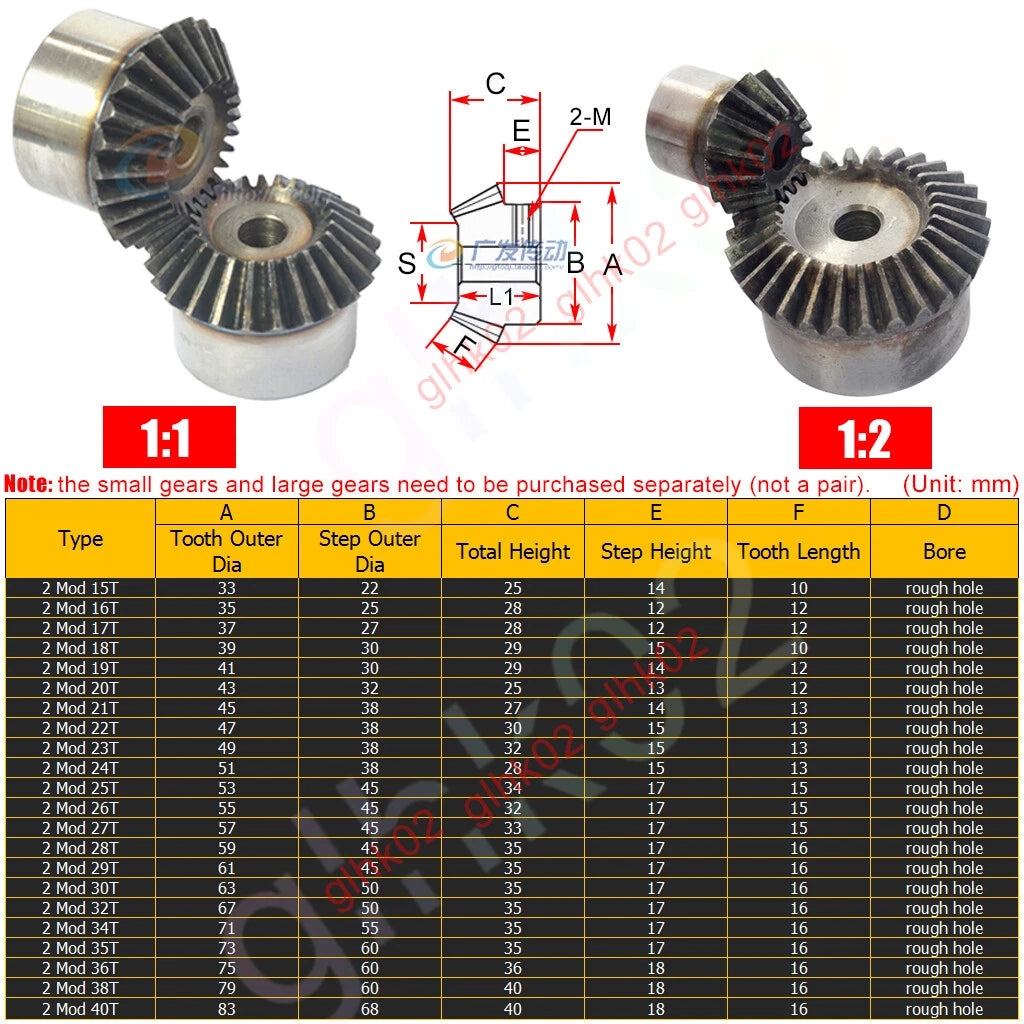 Bevel Gears 1 1.5 2 2.5 3 4 5 Mod 15-40 Teeth 45 Degree Bevels Carbon Steel Hard
