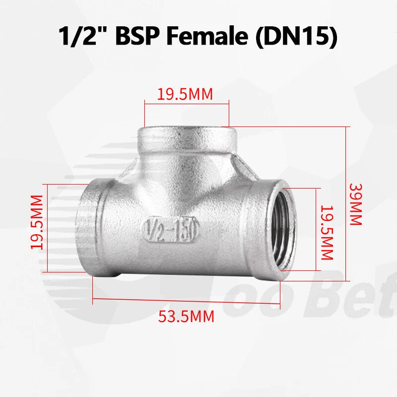 304 Stainless Steel BSP Tee Pipe Fitting — Male & Female Thread, 1/2" to 2"