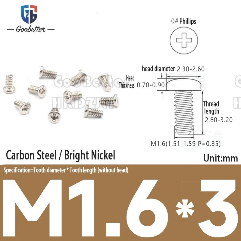 M1.6 & M1.7 Phillips Pan Round Head Machine Screws – Carbon Steel, Brass or Stainless, Lengths 1.5–22mm
