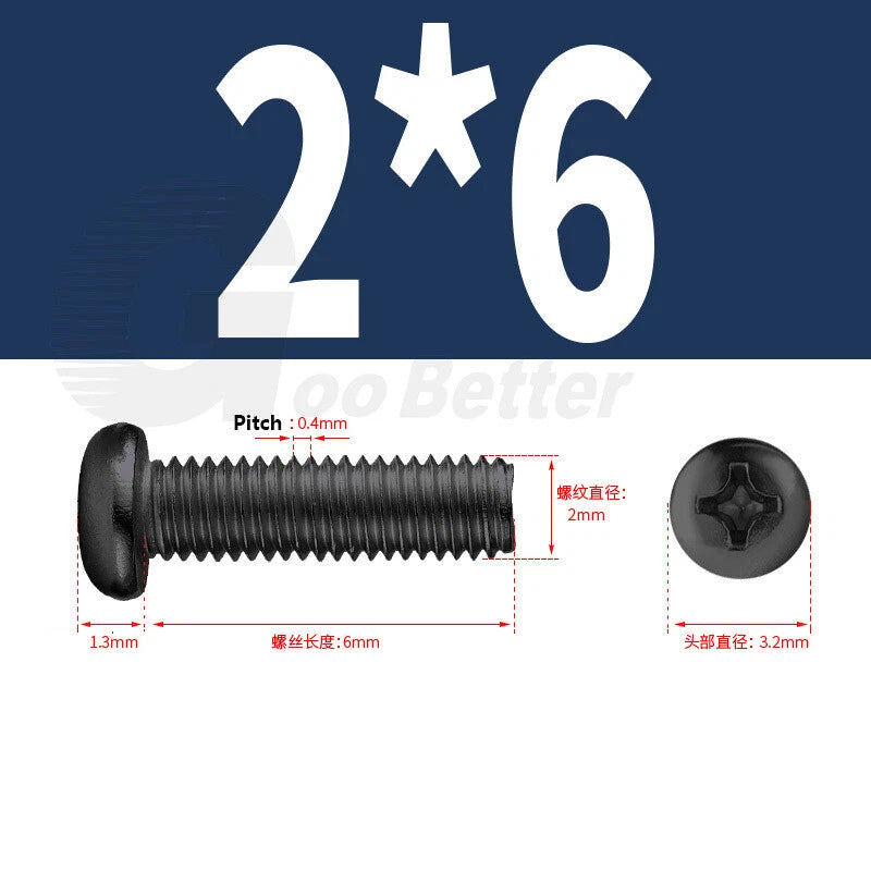 M2 M2.5 M3 M4 M5 Black Zinc Phillips Pan Head Machine Screws – Carbon Steel, 3–20mm
