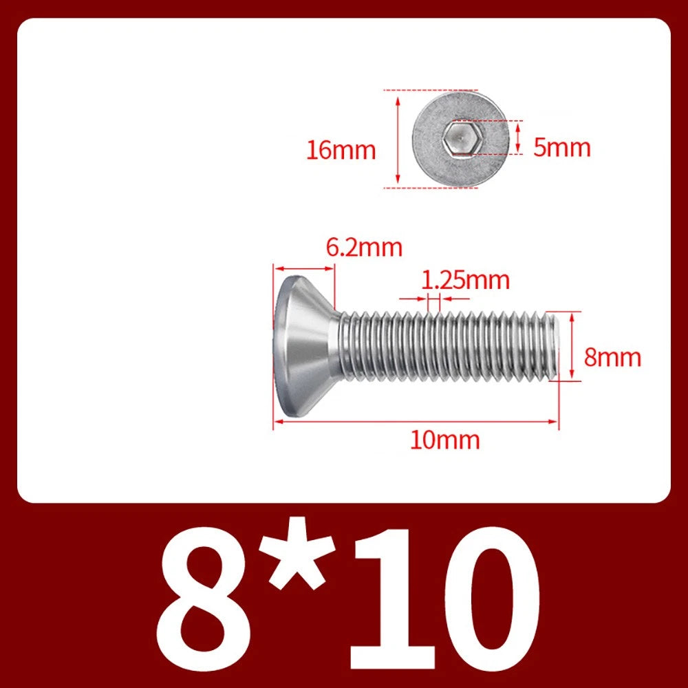 M8 M10 Countersunk Socket Head Screws – 304 Stainless Steel A2, Fully Threaded, 10–150mm