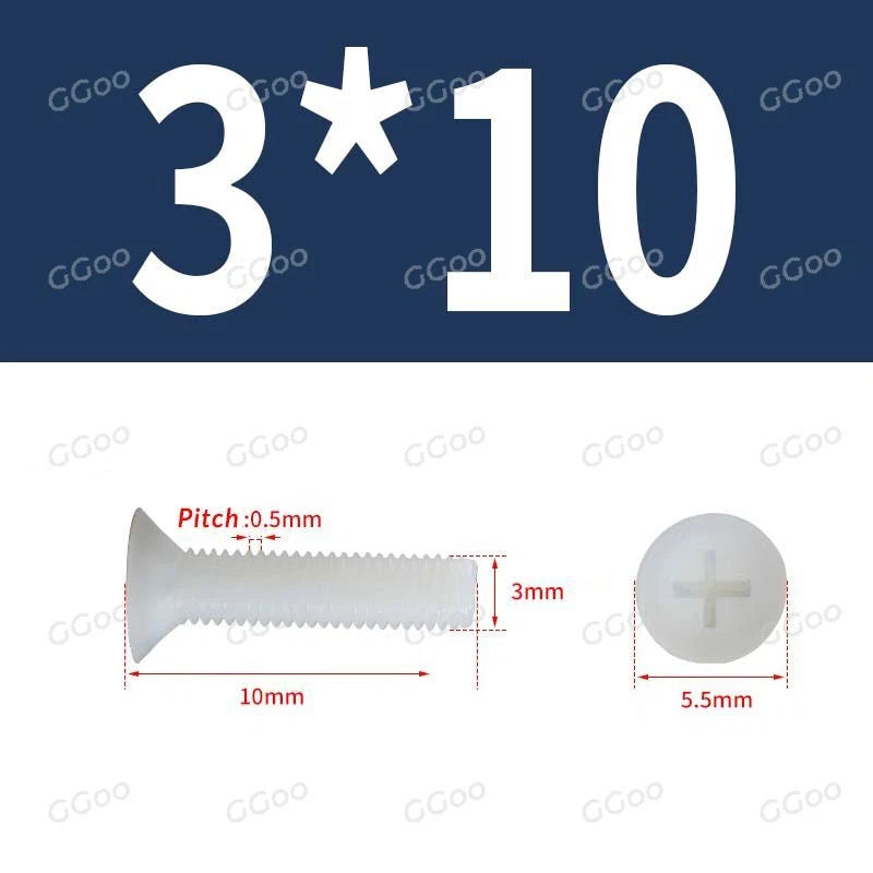 White Nylon Phillips Flat Head Machine Screws DIN 965 — M2.5 M3 M4 M5 M6 M8