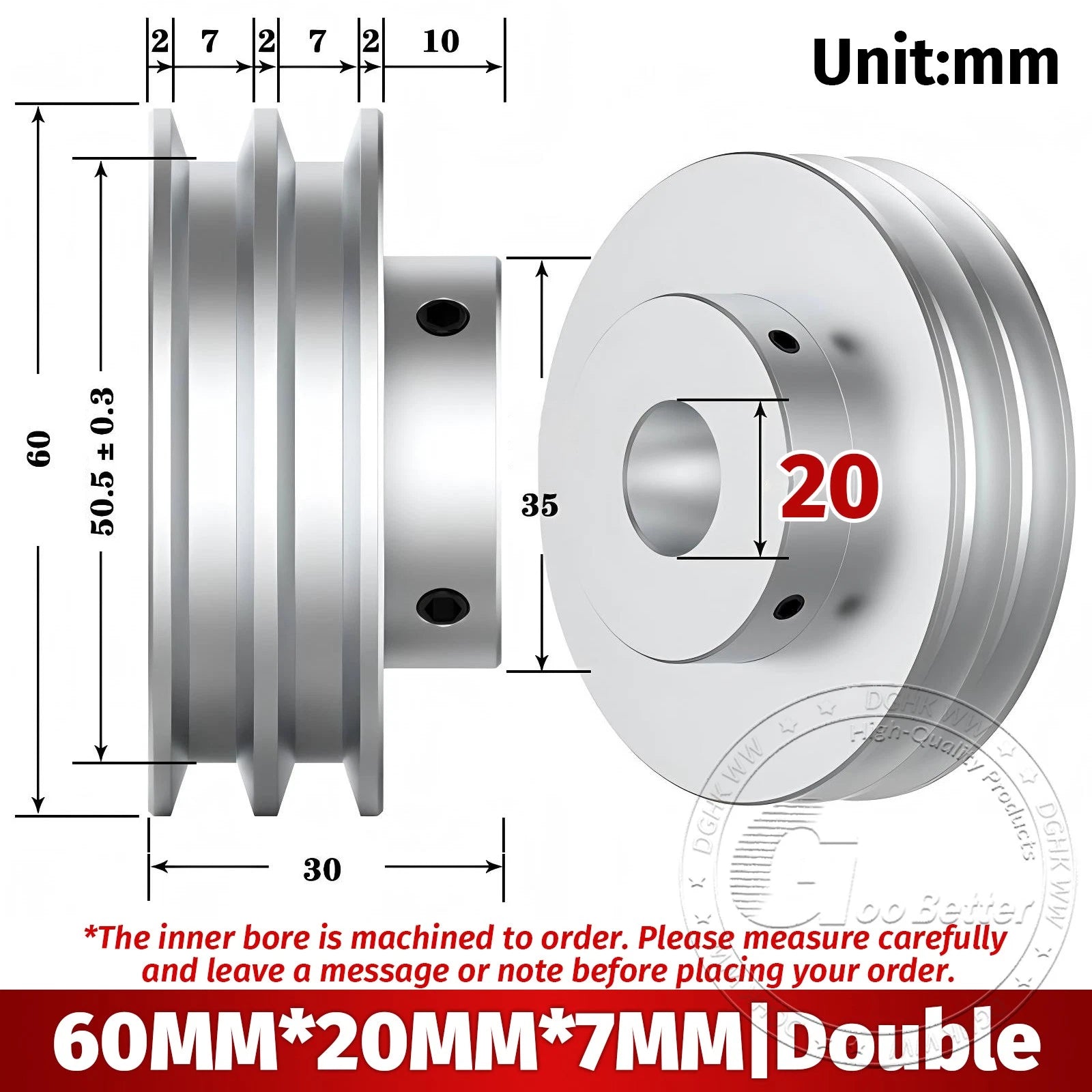 V Grooved Pulley Aluminum Round Belt Pulleys For 7mm Belt Single/Double Grooved