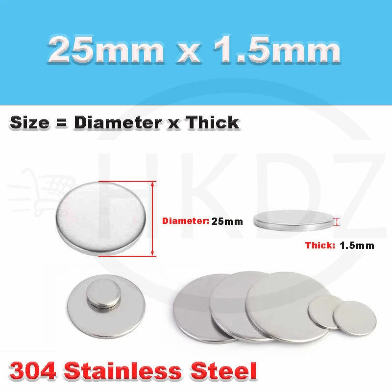 Stainless Steel Blank Round Disc 304 Grade Metal Sheet Plate Ø6-80mm Thick 1-5mm