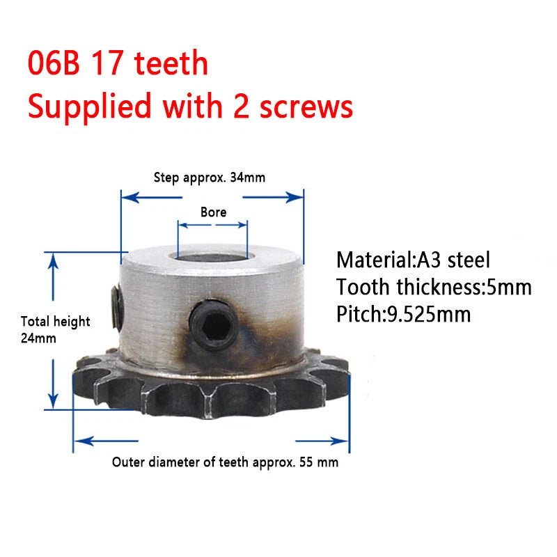 3/8" Pitch 06B Steel Pilot Bore Sprocket Simplex Roller Chain 15-17 Teeth 06B-1