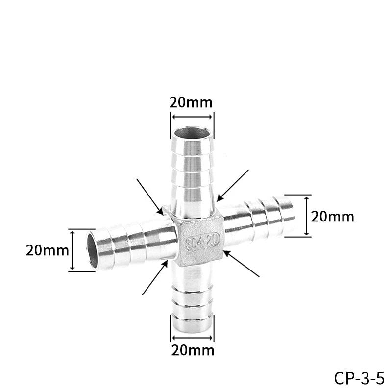 A2 Stainless Steel Cross 4-Way Barbed Hose Connector | 8–25mm | Air Fuel Water Gas