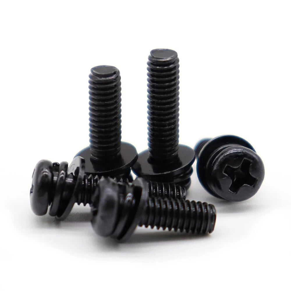 M2–M8 Black Phillips Pan Head Machine Screws with Flat Washers & Spring Washers