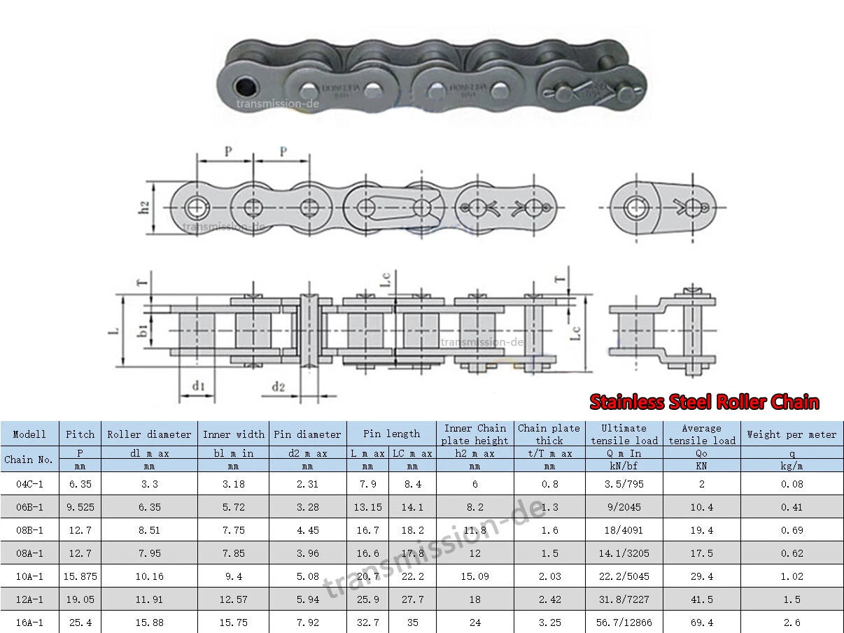 Roller Chain 04C-1 Pitch 6.35 mm 1/4" Single Row Chain Stainless-Carbon Steel