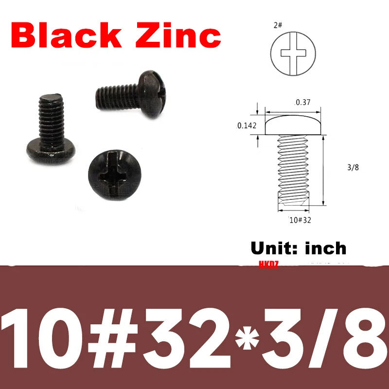 10#32 Phillips Pan Head Machine Screws – Black Zinc Carbon Steel, Round Head, 3/8” 1/2” 1.5”