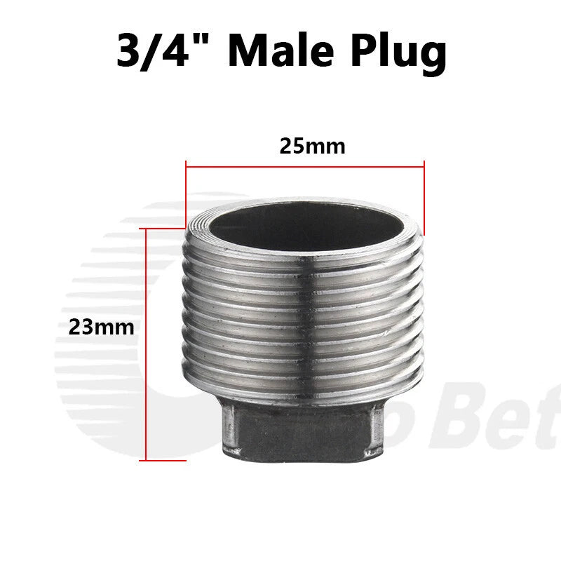 Stainless Steel 304 BSP Pipe Plug & End Cap — Male Plug / Female Cap, 1/2" to 1"