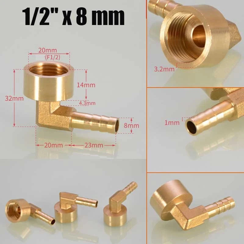 Brass 90° BSP Female Elbow with Barbed Hose Tail — 1/4", 3/8", 1/2" Pipe Fittings