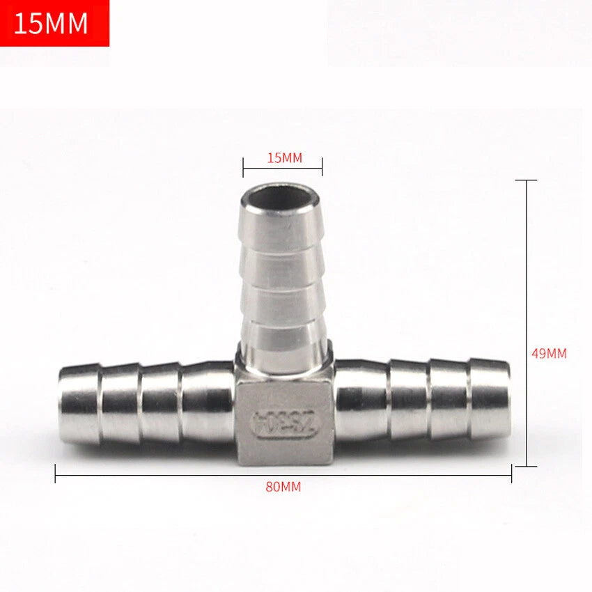 Stainless Steel Barbed T-Piece 3-Way Hose Joiner Connector — Fuel, Air, Water & Oil Lines