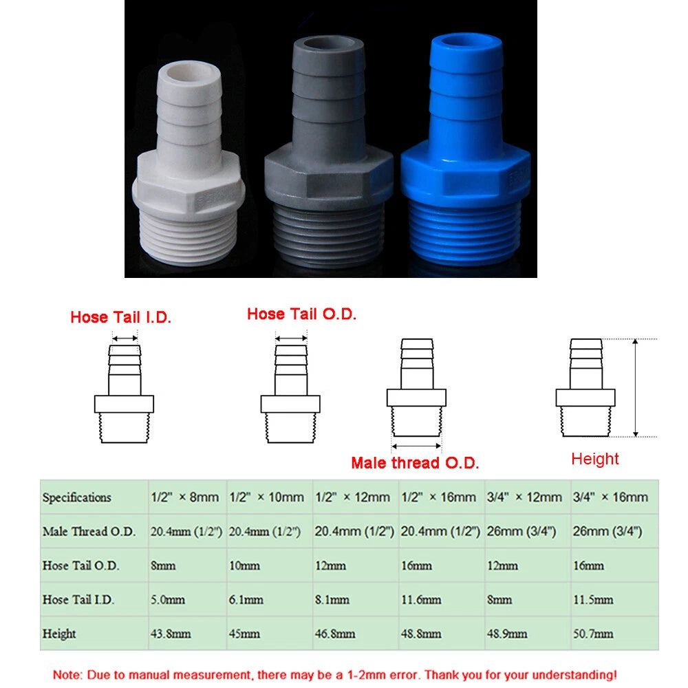 PVC Water Supply Pipe BSP Threaded Fittings Adapter Joint Various Sizes - 3Color