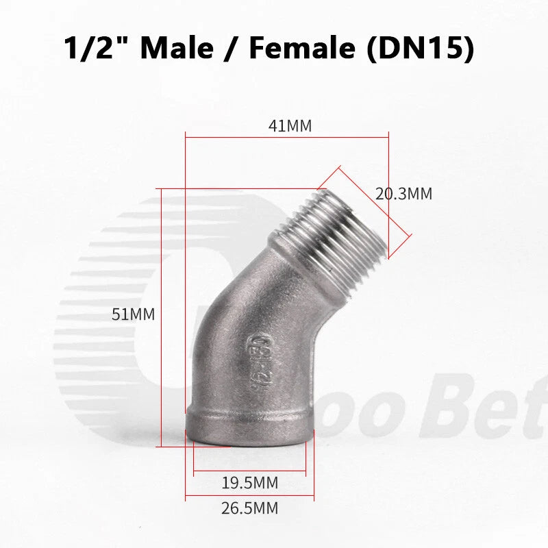 Stainless Steel 45° Elbow Pipe Fitting | 1/4"-2" BSP Male Female Thread | 304 SS Equal Elbow
