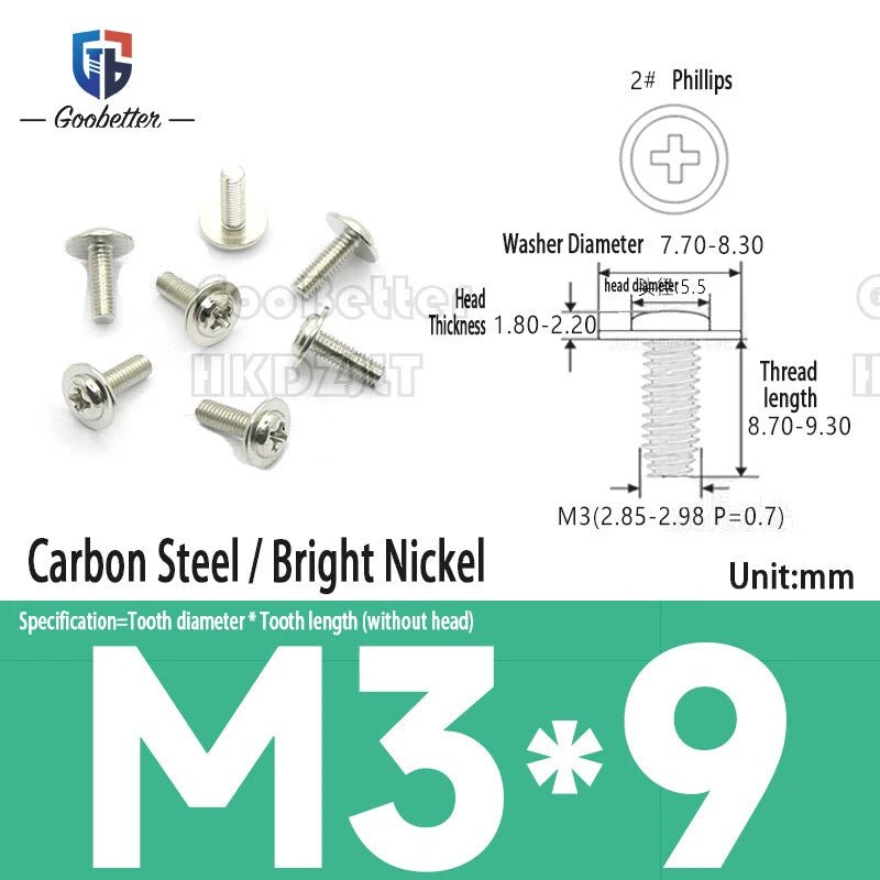 M2.5 / M2.6 / M3 Pan Head Phillips Machine Screws with Integrated Washer — Carbon Steel & Stainless, Multi - Finish - HomeDIYer