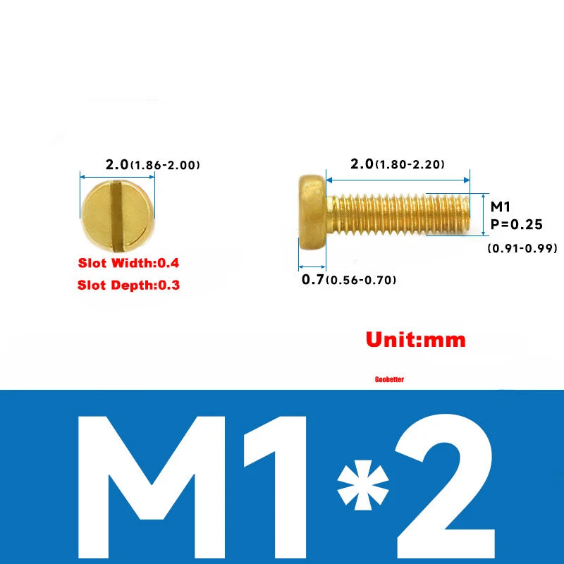 M1–M3 Brass Slotted Pan Head Machine Screws – DIN84, Flathead Drive, 2–10mm Lengths