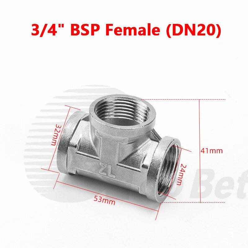 Stainless Steel Equal Tee BSP Pipe Fitting | 1/2" 3/4" 1" Female & Male Thread