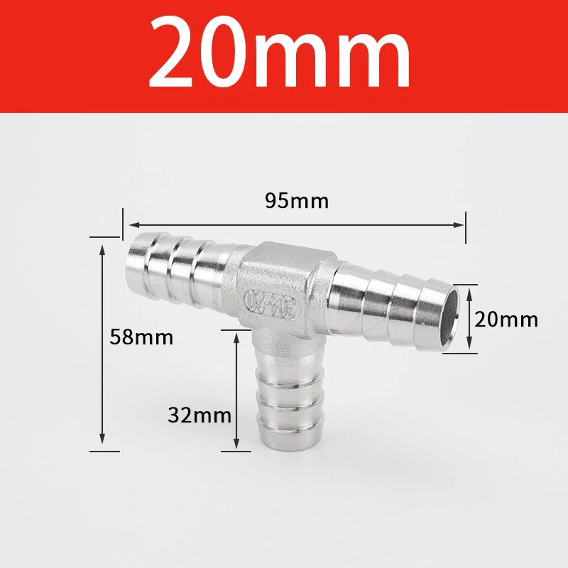 Stainless Steel 3-Way Hose Barbed Connector — T Piece & Y Piece, 8mm–32mm