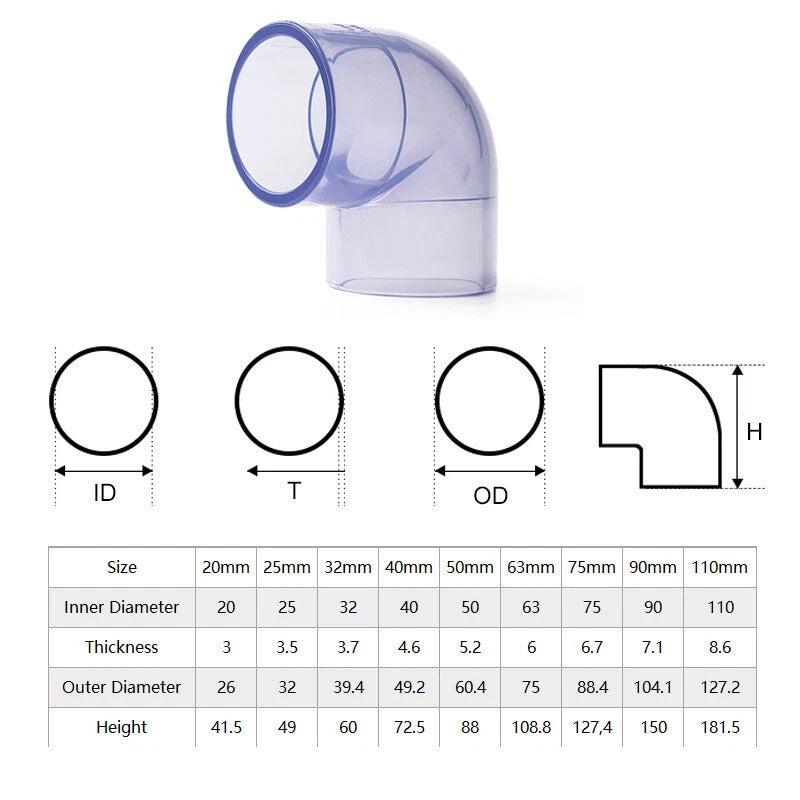 UPVC PVC Pipe Fittings Tee Straight Cap Elbow Clear Plumbing Couping ID 20-110mm