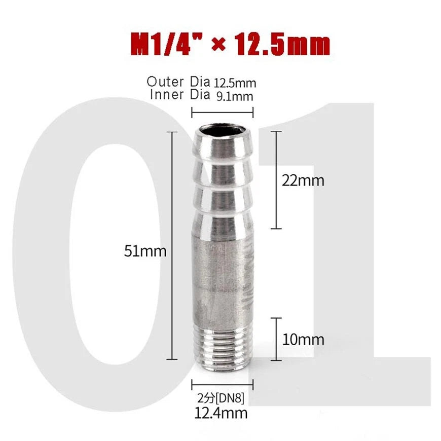 BSP Stainless Steel Barbed Hose Joiner Connector Tail — 1/8" to 4" Pipe Fitting