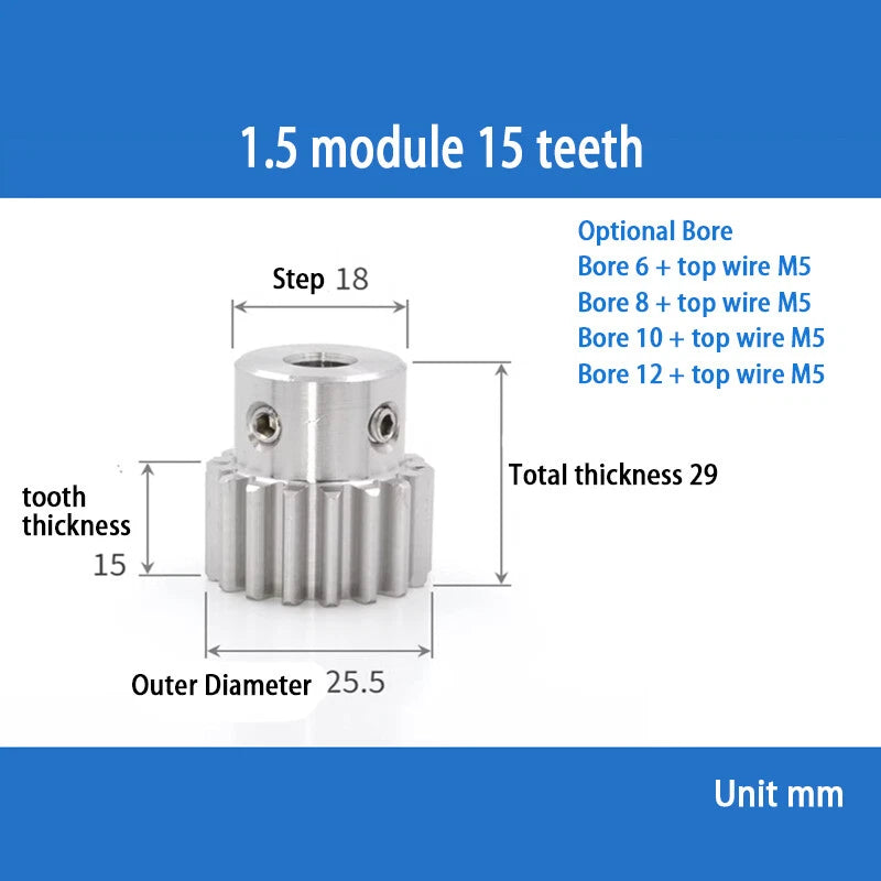 Module 1.5 Spur Gear A2 Steel 12-32 Tooth with Hub Pinion Motor Gear Bore 6-20mm
