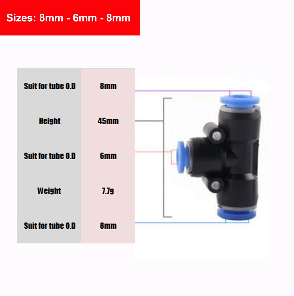 Nylon Pneumatic Reducer Tee 3-Way Connector Hose Tube Inline Push-In Fittings
