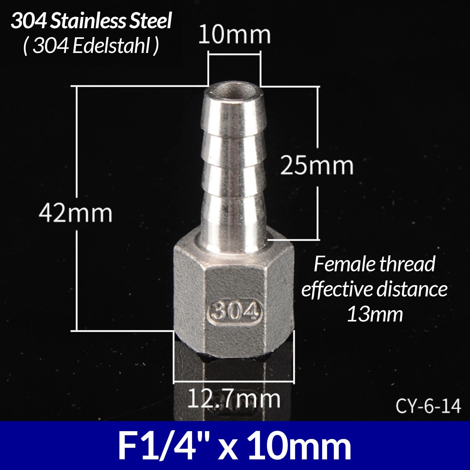 1/4" to 3/4" BSP Stainless Steel Female Fitting x Barb Hose Tail End Connector