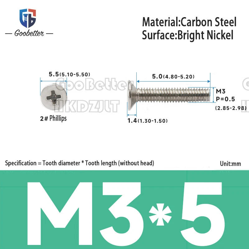 M2 & M3 Countersunk Pozidriv Machine Screws – Carbon Steel, Nickel or Black Zinc (3–22mm Overall Length)