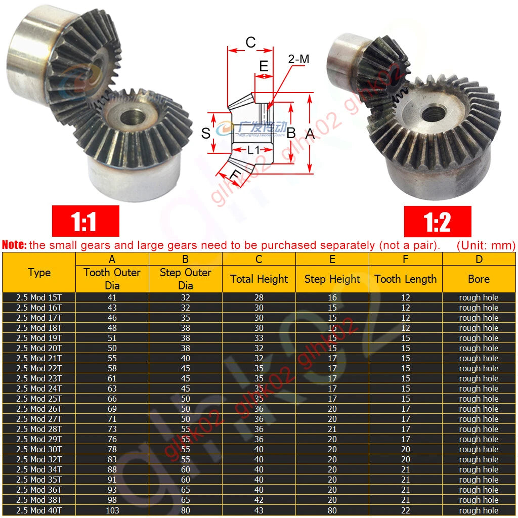 Bevel Gears 1 1.5 2 2.5 3 4 5 Mod 15-40 Teeth 45 Degree Bevels Carbon Steel Hard