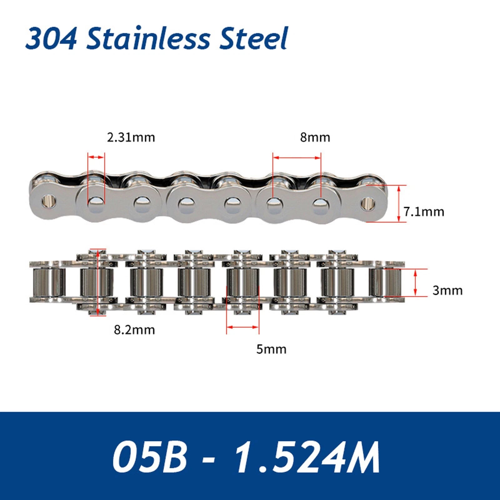 304/201 Stainless Steel Simplex Roller Chain Standard Quality 1M/1.524M All Size
