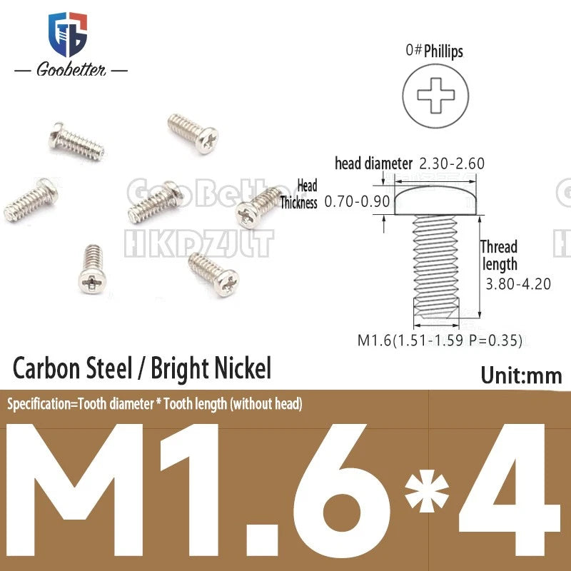 M1.6 & M1.7 Phillips Pan Round Head Machine Screws – Carbon Steel, Brass or Stainless, Lengths 1.5–22mm