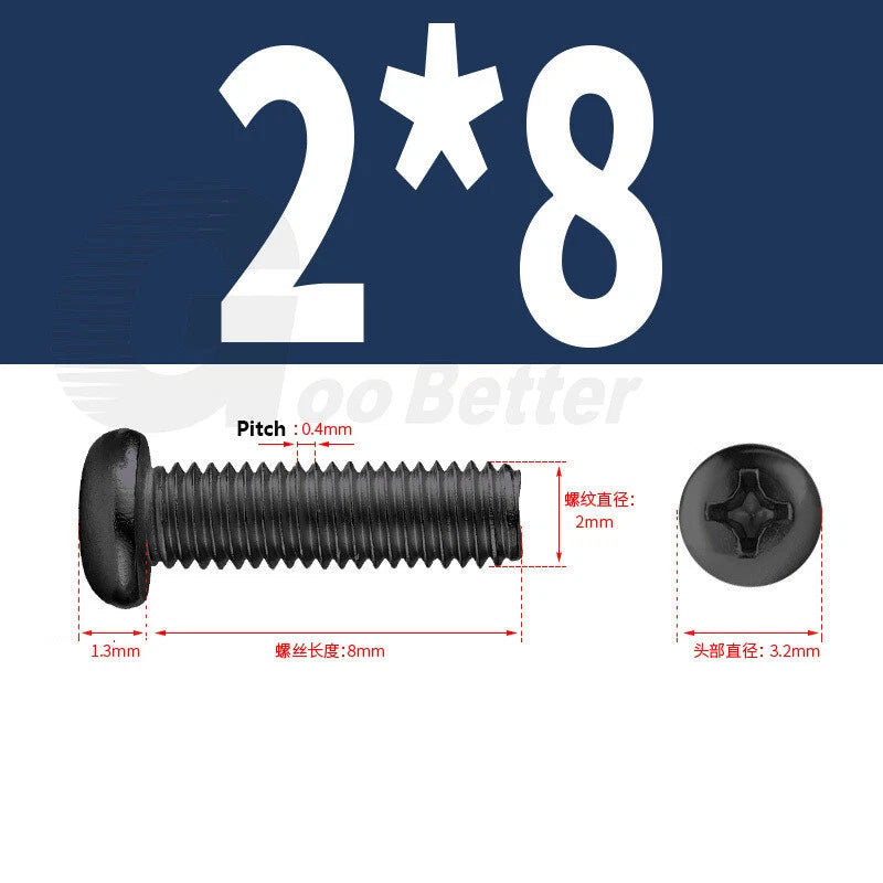 M2 M2.5 M3 M4 M5 Black Zinc Phillips Pan Head Machine Screws – Carbon Steel, 3–20mm