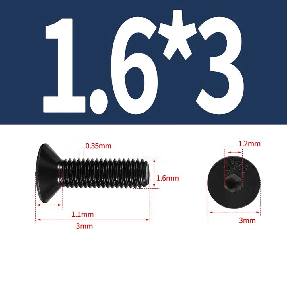 M1.6–M3 Countersunk Socket Head Screws – 12.9 Grade Carbon Steel, Flat Head, Fully Threaded (3–50mm Overall Length)