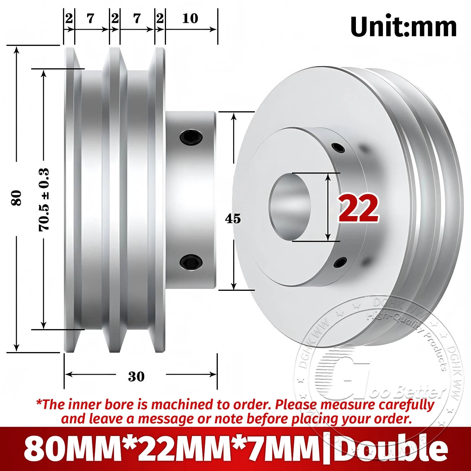 V Grooved Pulley Aluminum Round Belt Pulleys For 7mm Belt Single/Double Grooved
