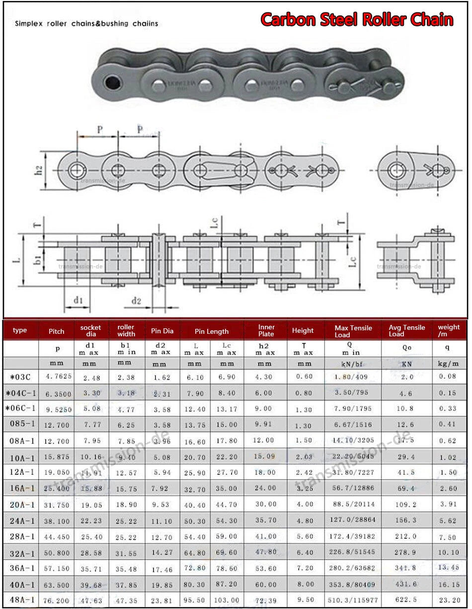 Roller Chain 04C-1 Pitch 6.35 mm 1/4" Single Row Chain Stainless-Carbon Steel