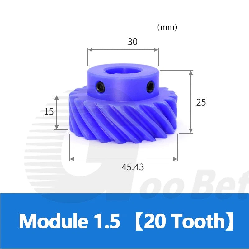 Module 1.5 Helical Gear 45° Left-hand 10-20 Tooth Pinion Bore 8-18mm Nylon Blue