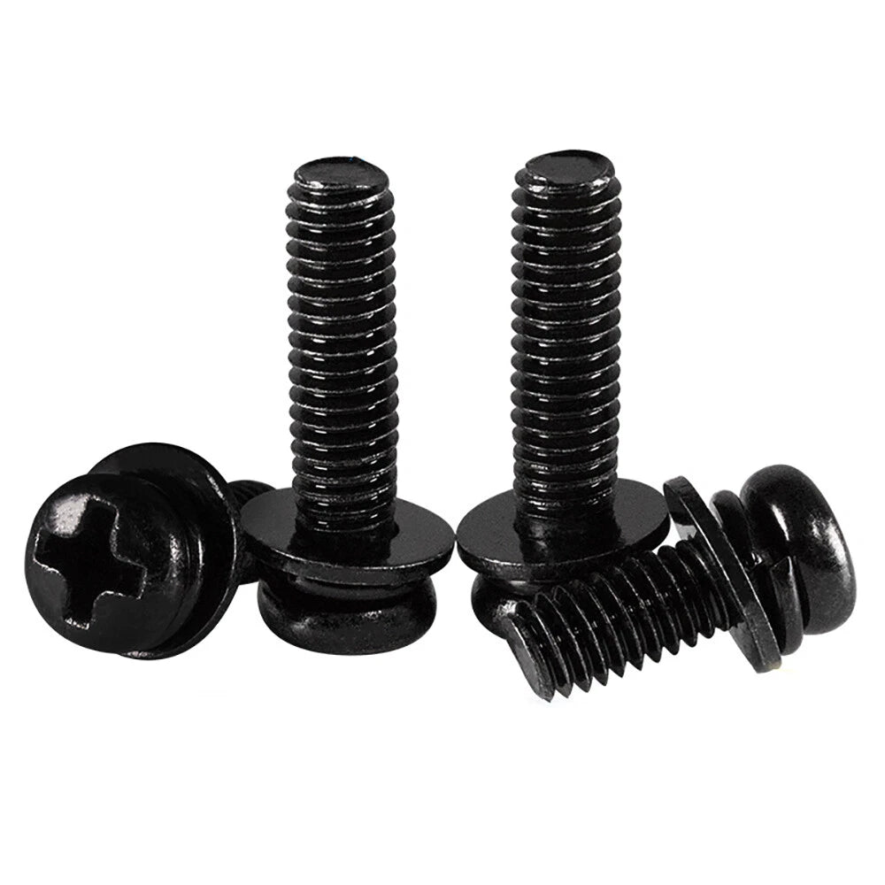M2–M8 Black Phillips Pan Head Machine Screws with Flat Washers & Spring Washers
