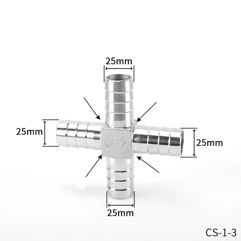 A2 Stainless Steel Cross 4-Way Barbed Hose Connector | 8–25mm | Air Fuel Water Gas