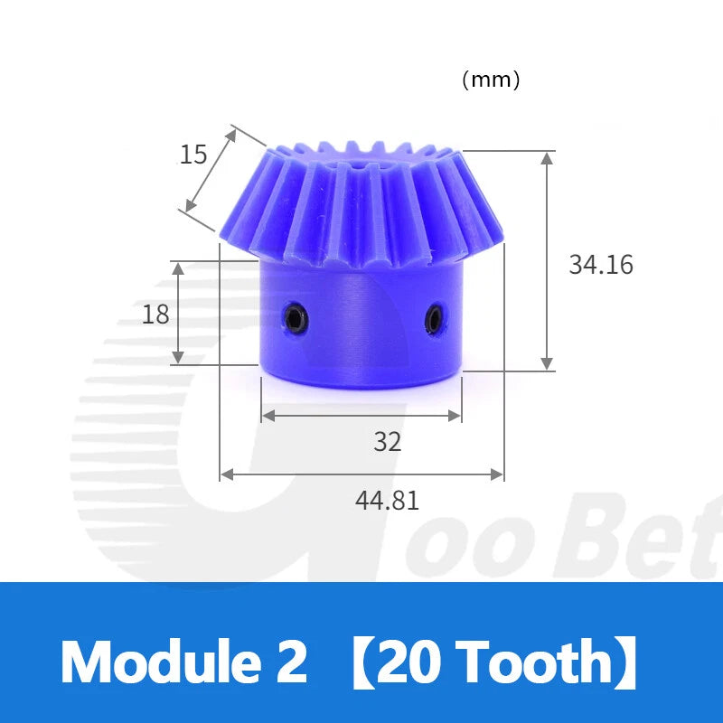 Nylon Module 2 Straight Bevel Gear 90° 1:2 Pairing 20/40 Tooth 12-25mm Bore Blue