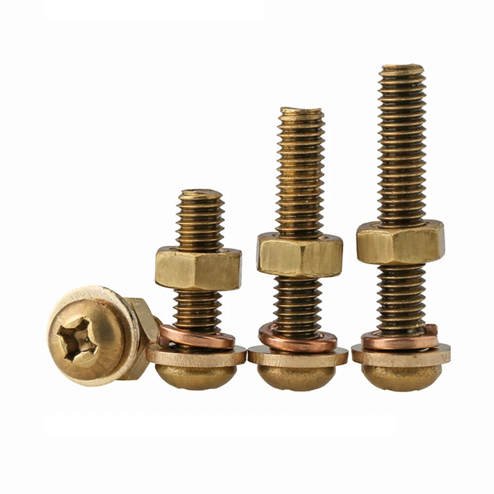Brass Pan Head Phillips Machine Screws with Nuts & Washers M3 M4 M5 M6 M8 — 4mm to 60mm, Packs of 1–50