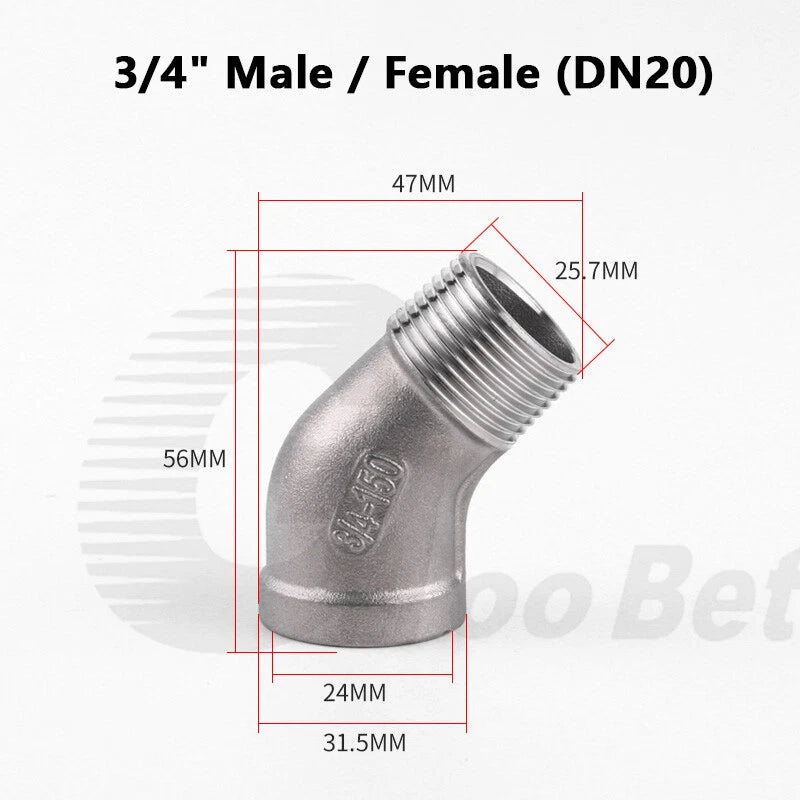 Stainless Steel 45° Elbow Pipe Fitting | 1/4"-2" BSP Male Female Thread | 304 SS Equal Elbow