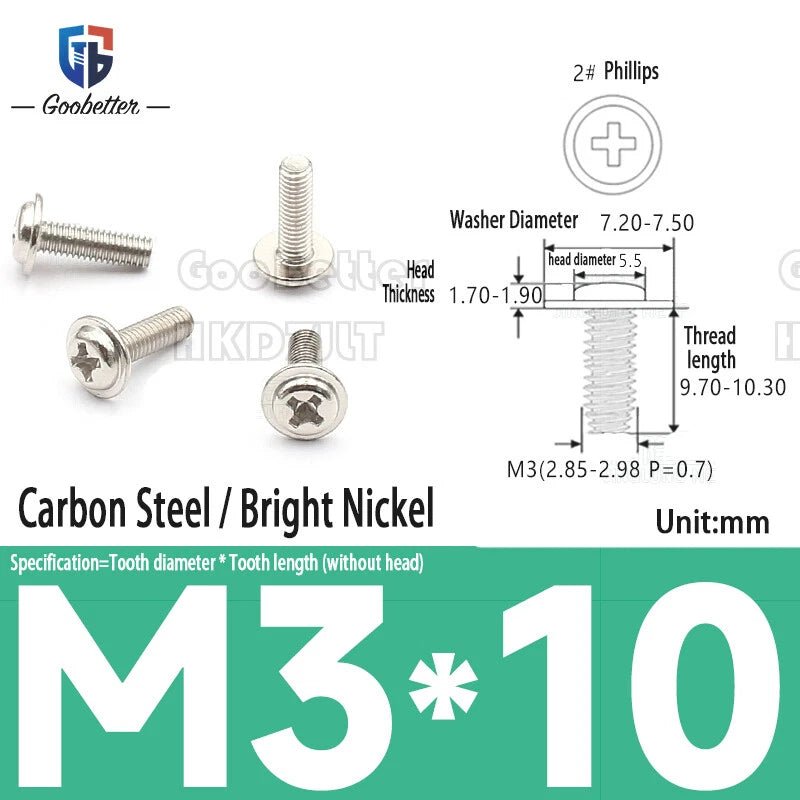 M2.5 / M2.6 / M3 Pan Head Phillips Machine Screws with Integrated Washer — Carbon Steel & Stainless, Multi - Finish - HomeDIYer