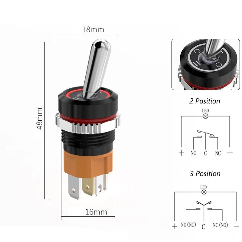 16mm LED Toggle Switch ON/OFF 2/3 Position Chrome Brass Black Oxide 20A 250VAC Waterproof