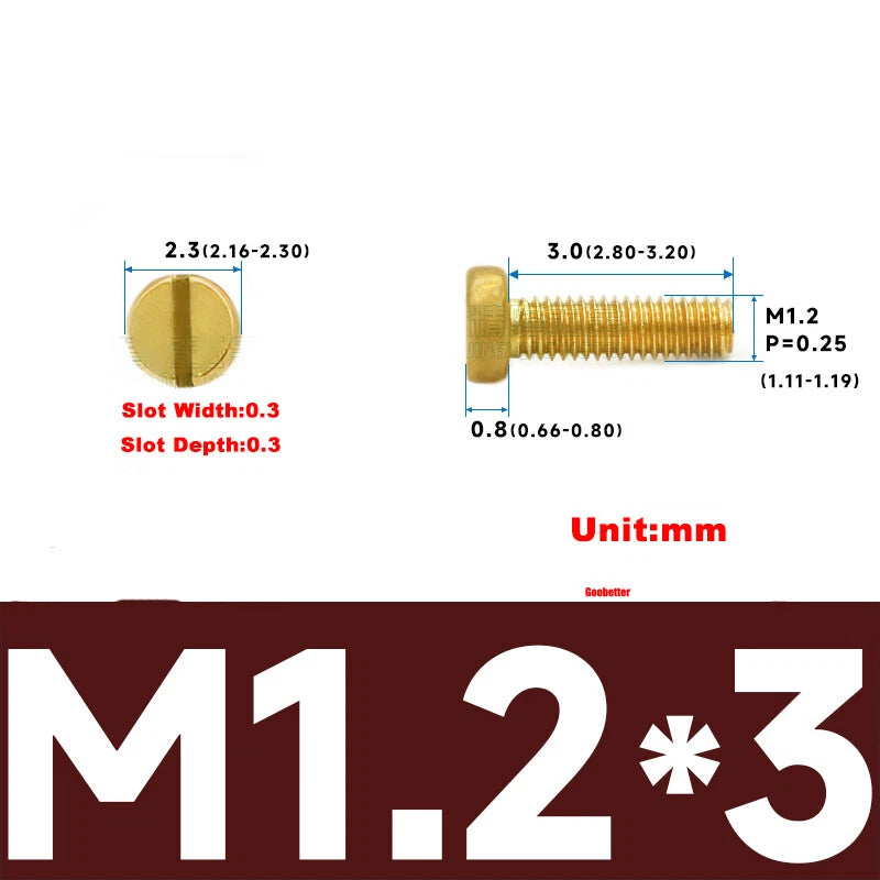 M1–M3 Brass Slotted Pan Head Machine Screws – DIN84, Flathead Drive, 2–10mm Lengths