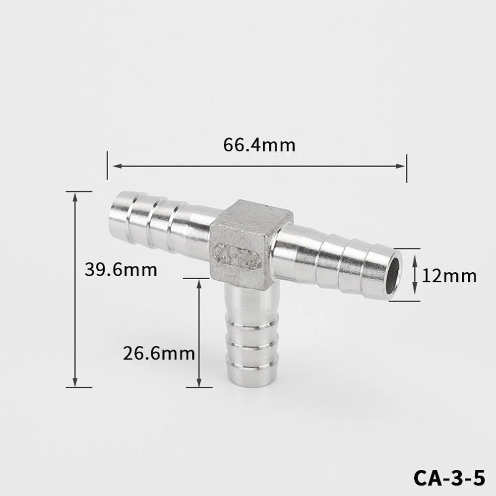 Stainless Steel T Hose Barb Tee Connector — 8mm to 32mm, Water & Gas Pipe Fitting